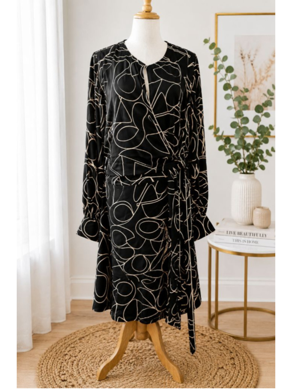 City Chic Black Abstract Print Faux Wrap Dress Tie Waist Long Sleeve Size 18